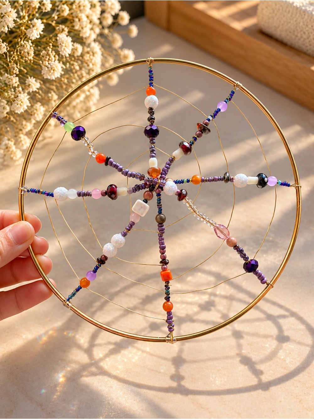 Handmade Purple & Orange Beaded Dreamcatcher Hoop Necklace